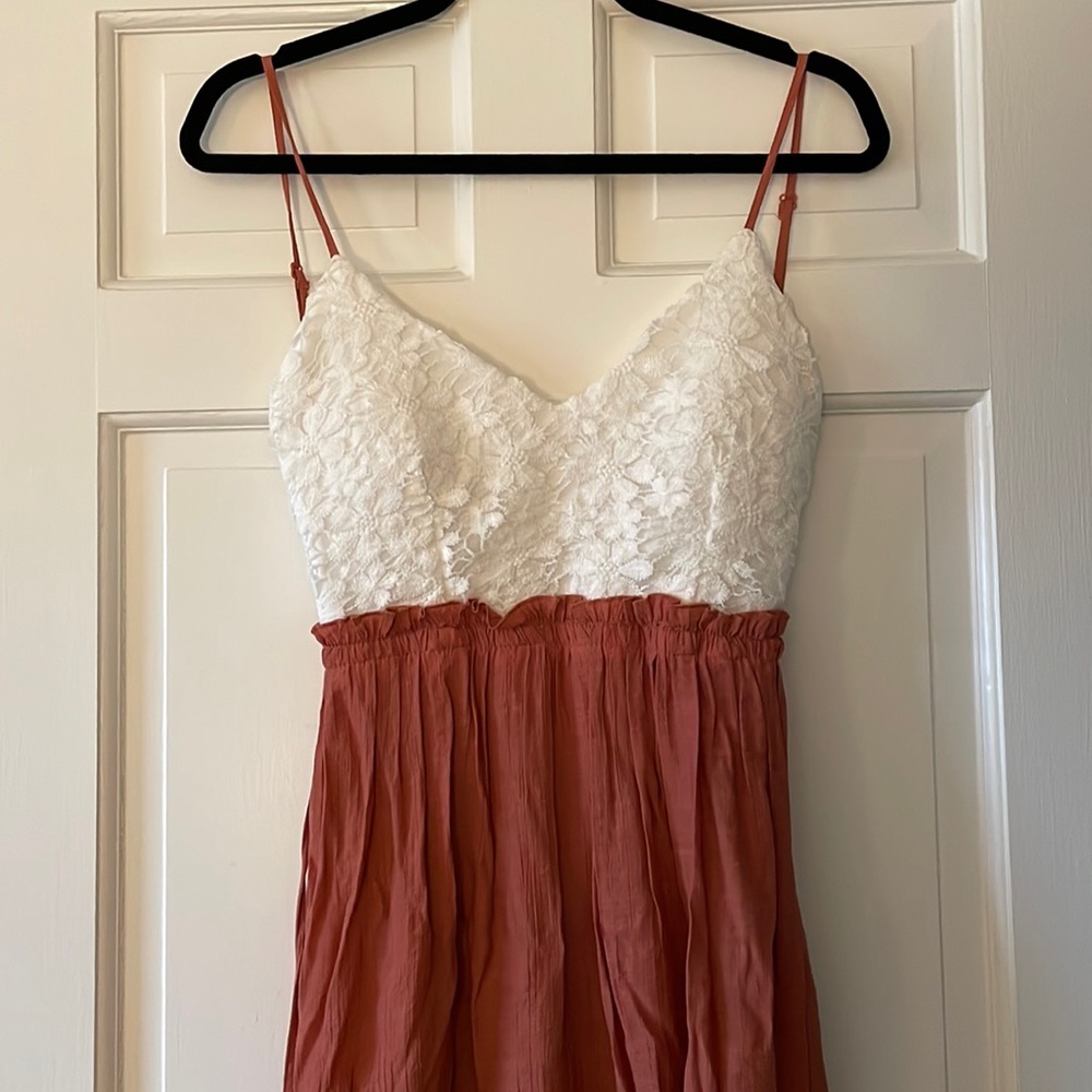 White Lace & Terracotta Linen Maxi Dress